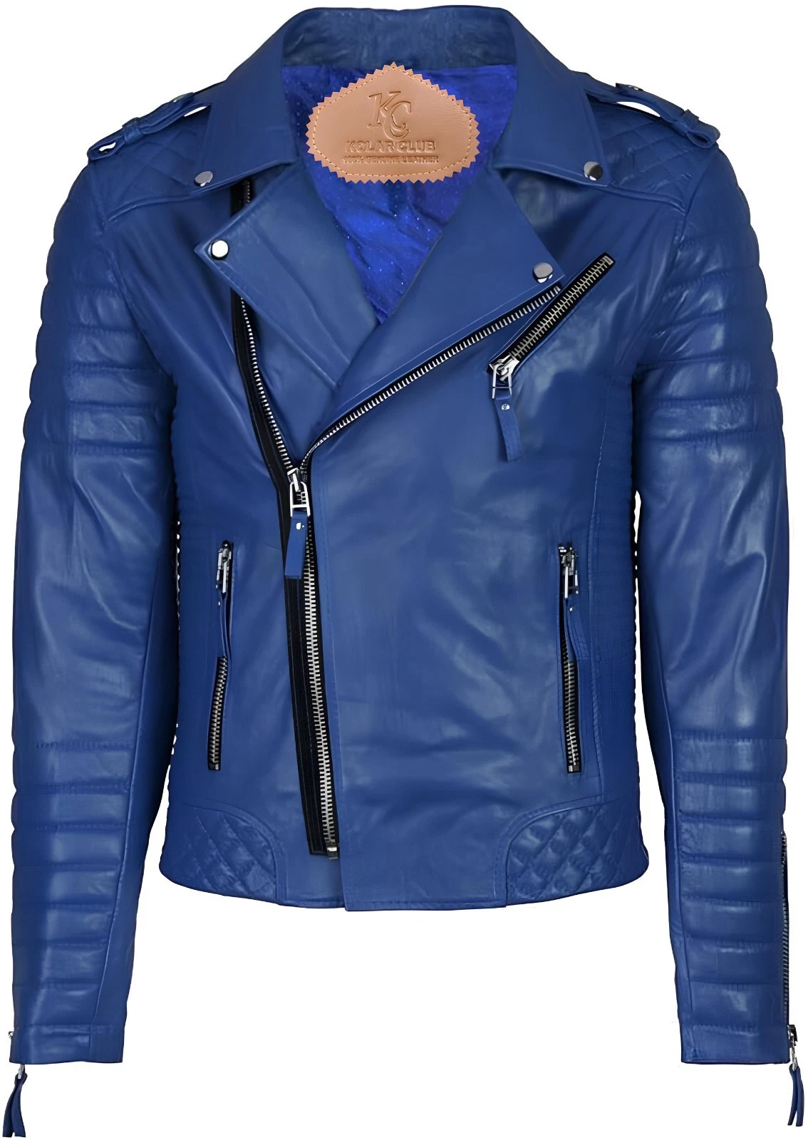 Mens Lambskin Leather Jacket Racer Biker Cafe Royal Blue Real Motorcycle Genuine