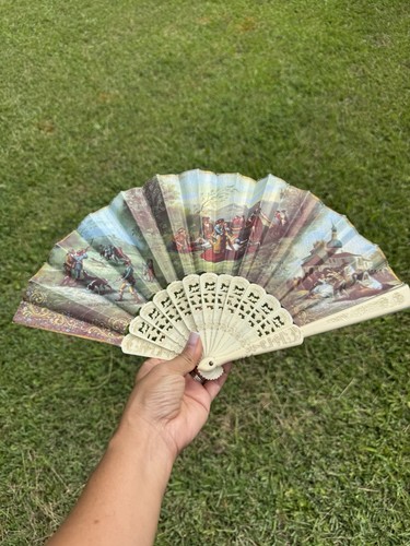Vintage Fan Spanish Paintings Fabric/Canvas Fan with Beige Celluloid Ribs Goya