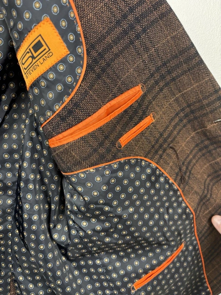 Double Breasted Steven Land Suit Brown/Black Plaid Style 40R Tapered Pants 34x27 - Image 3 of 4