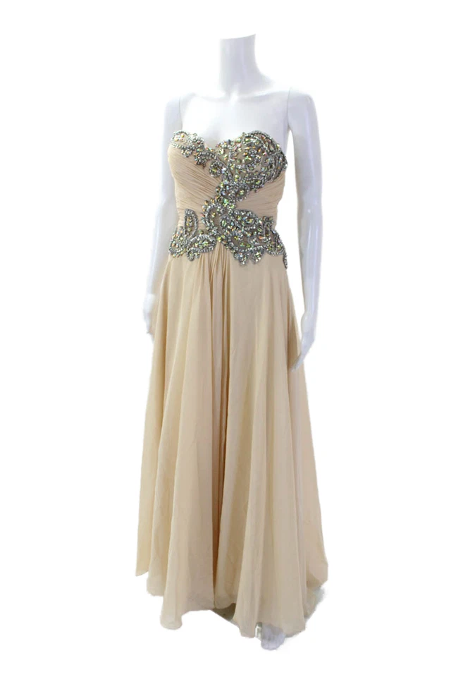 Dave & Johnny Womens Strapless Jeweled Pleated Full-Length Gown Beige Size 1/2 - Image 2 of 4