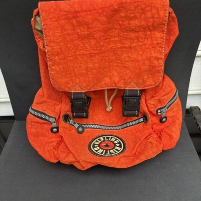 Vintage Kipling Orange Nylon Backpack Large Flap Buckle Drawstring