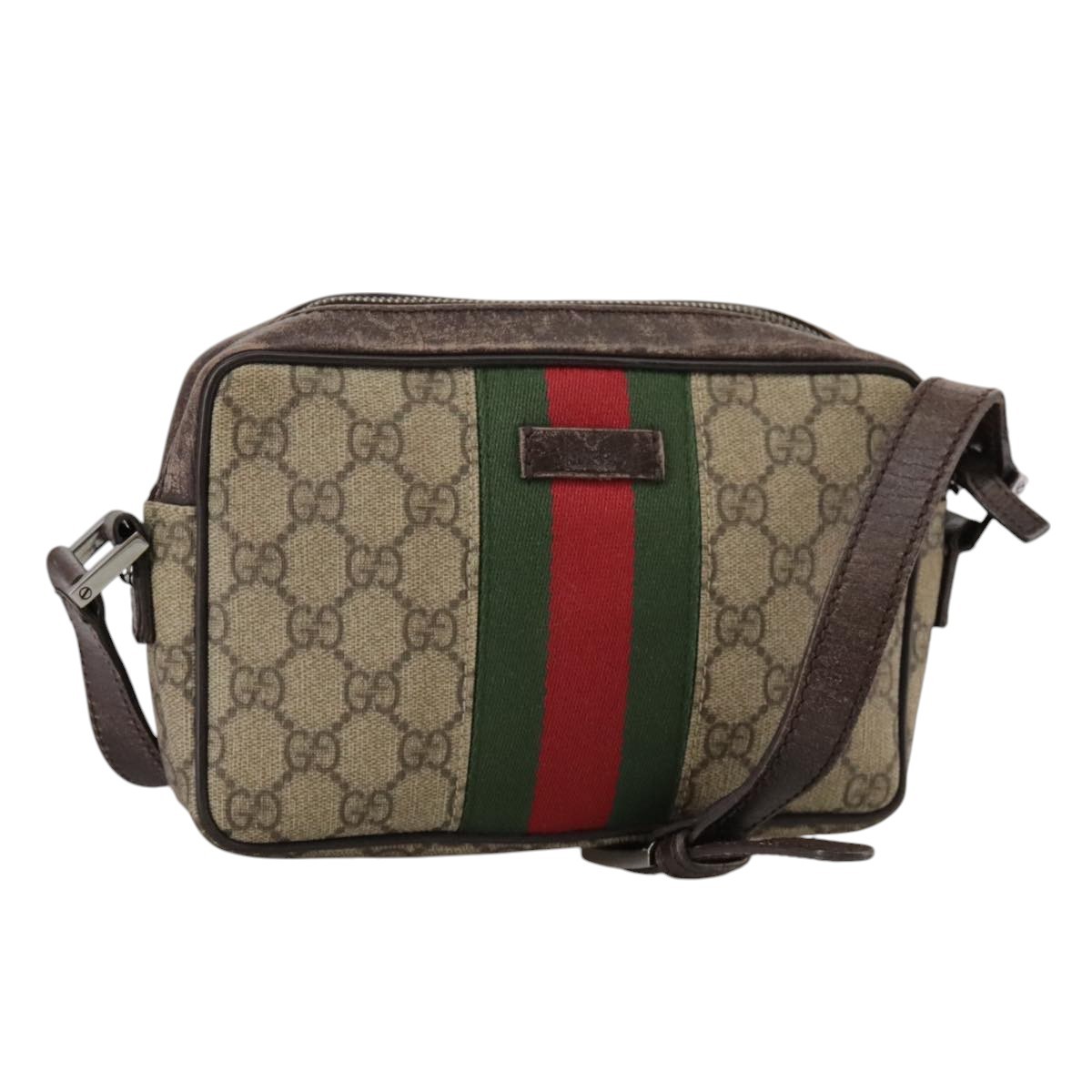 GUCCI GG Supreme Web Sherry Line Shoulder Bag Beige Silver