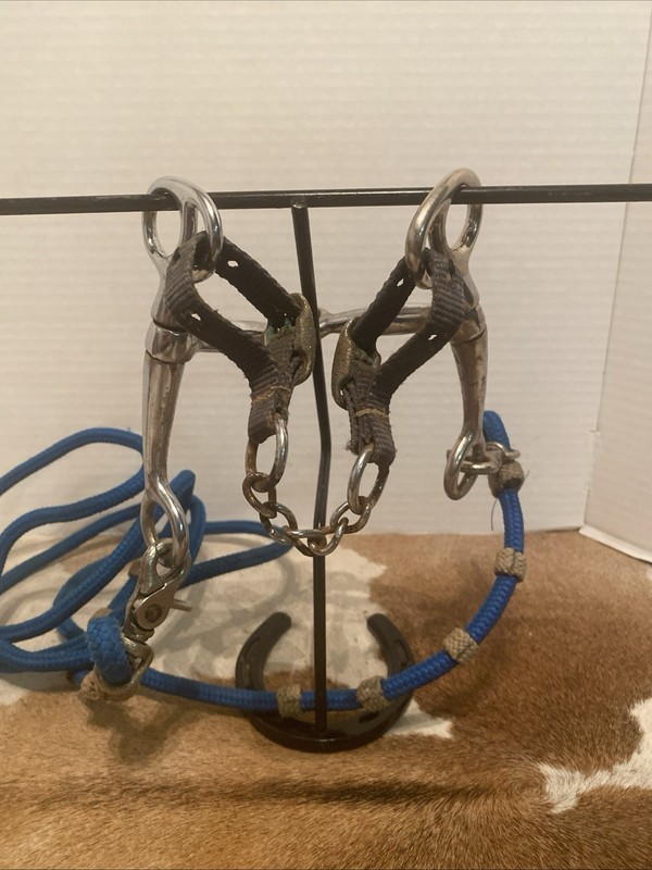 Western Short Shank Curb Bit w/Blue Rope Reins Leather Curb Strap Horse Tack