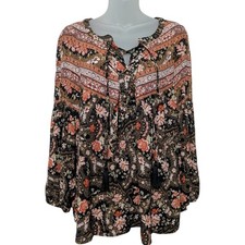 Women  s Medium American Eagle Boho Floral Lace Up Tunic Peasant Cottagecore