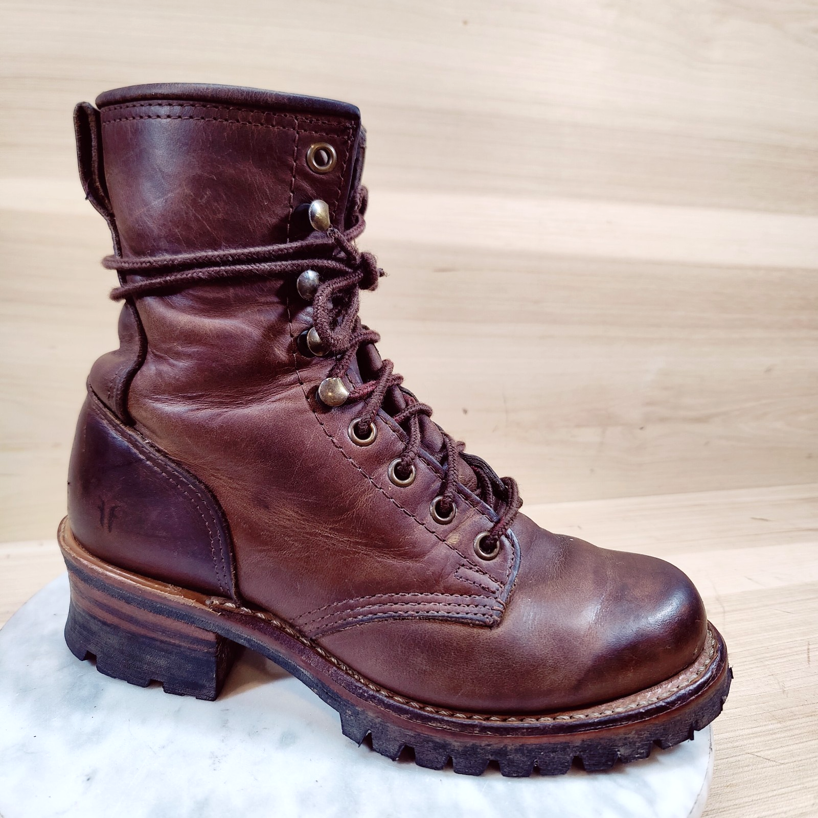 SAOLA Stivali vintage Frye Logger donna 7 5 M marroni alla caviglia lotta lacci suola Vibram