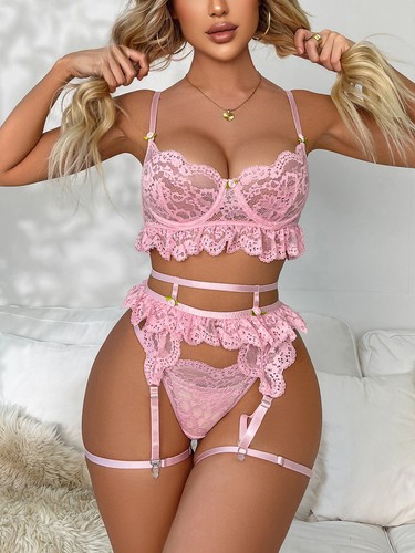 Pink Sexy Women Lingerie Lace Bra Thong Set Babydoll Sleepwear G-string Pajamas - Picture 109 of 113