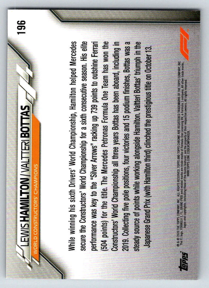 2020 Topps Chrome Formula 1 #196 Lewis Hamilton/Valtteri Bottas (ref 219920) - Image 2 of 2