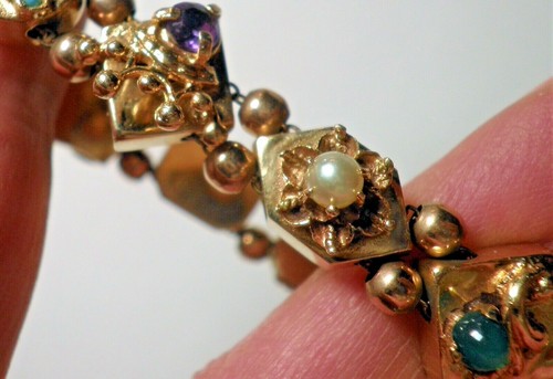 Antique Multi-Gemstone 14K Yellow Gold Slide Bracelet 6.75" Long 31.36g Signed - Picture 6 of 12