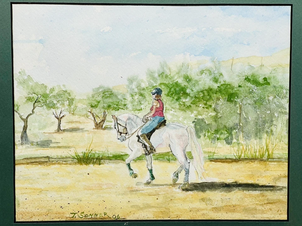 Pintura Acuarela Original Mujer Jinete Marco Firmado Arte Ecuestre 17x14 Foto 2 de 4