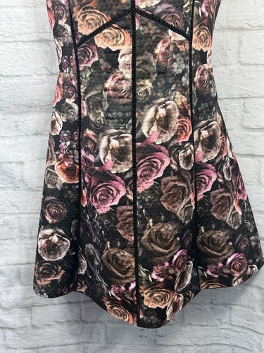 Oasis A-Linie Kleid Größe 12 schwarz pink & braun Blumen Rose ärmellos V-Rücken Reißverschluss - Bild 3 von 11