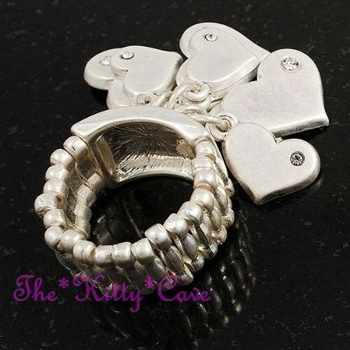 Matte Silver Tone Finger Cuff Heart Charms Wide Flex Ring w/ Swarovski Crystals - Image 4 of 4