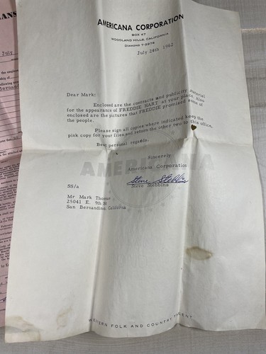 Freddie Hart Signed Autograph Show Contract 1962 San Bernardino, California - Picture 2 of 4