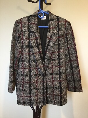 Woman s SOLOS/KORET Gray/red Plaid Wool Blend Blazer Jacket Size L Made In U.S.A
