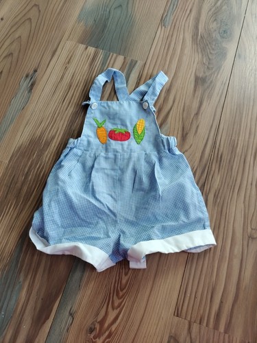 Vintage Blue Gingham Plaid Bubble Romper 12 months Nannette Form Vegetables  - Picture 2 of 7