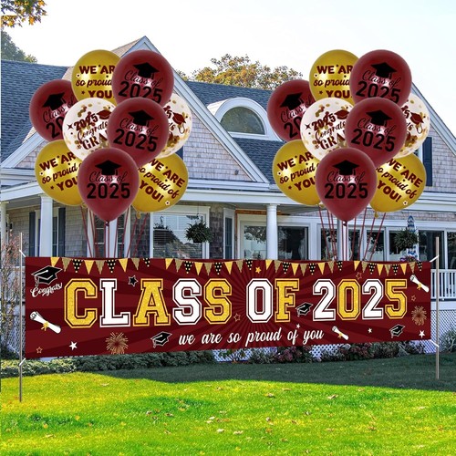 Maroon and Gold Graduation Decorations Congrats Class of 2025 Yard Banner w/18pc - Picture 2 of 7