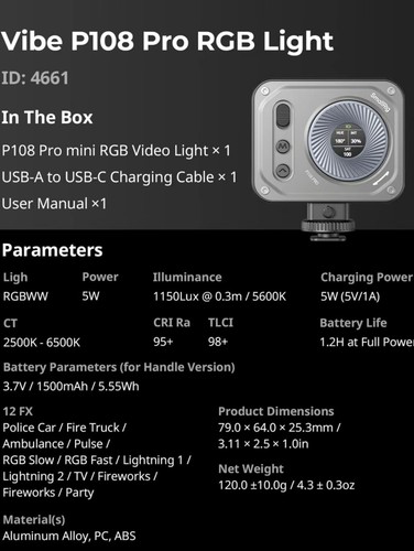 SmallRig Vibe P108 Pro RGBVideo Light, Portable Led Camera Light for Photography - Picture 8 of 9