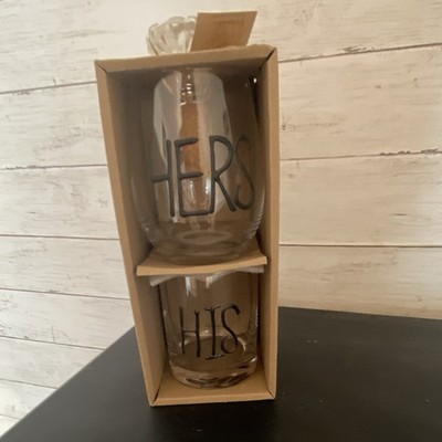 Mud Pie His & Hers Stemless Wine Glass Set Clear Glass 10oz 2-Piece