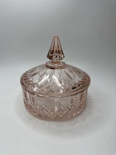 Vintage Indiana Glass Pink Covered Candy Dish Diamond Point Depression Trinket