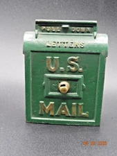 Authentic 1920's U.S. Mail Rear Slot Green Cast Iron Still Bank by A.C. Williams
