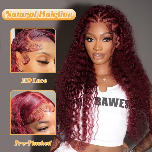 Kivolin 99j Burgundy Lace Front Wigs Human Hair 28 Inch Deep Wave Lace Front ... - Picture 7 of 9
