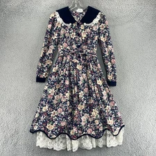 Vintage Bonnie Jean Dress Girls Size 16 Blue Floral Lace Velvet Collar USA 80s