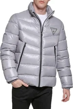 Guess Mens Jacket Coat XXL Quilted Puffer Insulated Mock Neck Zip Gray SilverNEW