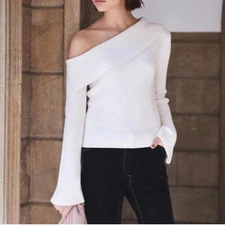 Theory Merino Wool Blend Ivory Prosecco One Shoulder Ribbed Foldover Sweater P