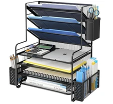 7-Tier Desk File Organizer with Letter Trays, Pen Holder & Basket - Black