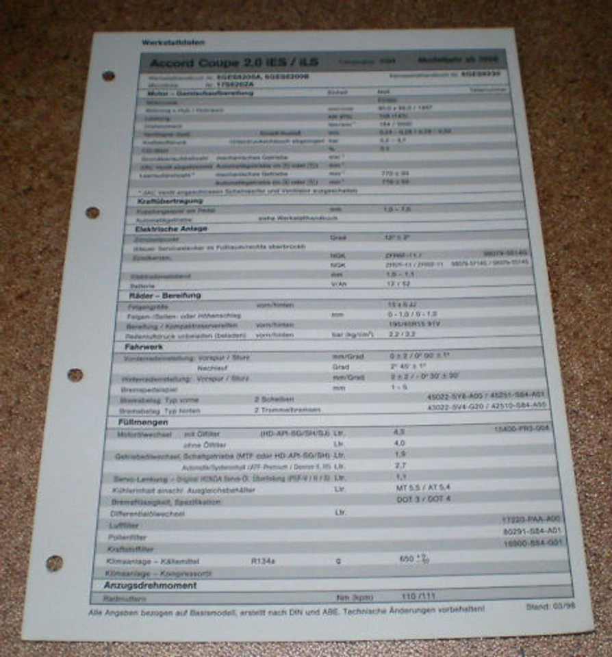 Feuille D'Inspection Honda Accord Coupé 2,0 iES/ iLS - À Partir De 1998! - Photo 1/1