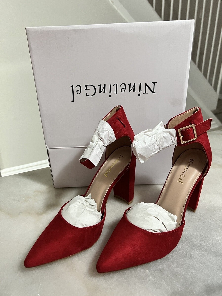 NinetinGel Red High Heels Chunky Heel Pointed Closed Toe Women's
