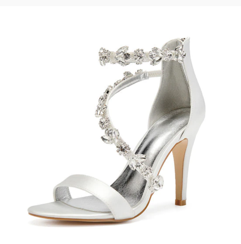 Ladies Wedding Open Toe Heels Pump Sandals Satin Crystal Bling Ankle Strap Shoes - Picture 16 of 18