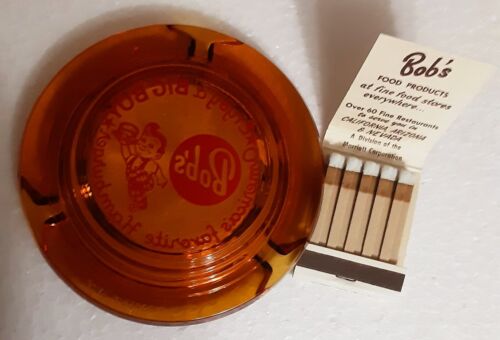 Vintage Bob's Big Boy Restaurant Amber Glass Ashtray &Full Matchbook - Picture 2 of 2