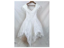 VTG 80s Jessica McClintock Lace Off Shoulder Short Whimsy Bridal Dress Sz 7/8