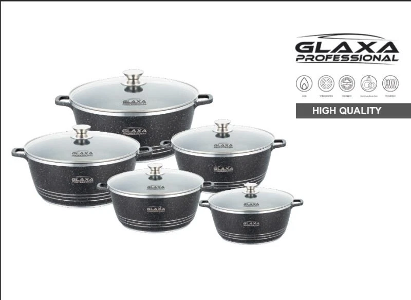 5 pc Marble Coated Cookware Set Non Stick Stockpot Casserole Cooking Pot & Lid