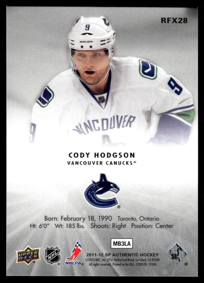 2011-12 SP Authentic Holoview FX Cody Hodgson Vancouver Canucks #RFX28 - Image 2 of 2