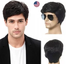 Black Men Wig Short Full Wigs Straight Little Wavy Synthetic Hair Daily Wigs USA