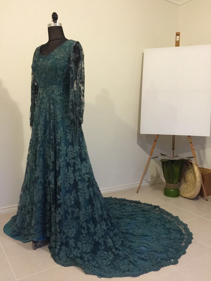 Vestido de novia/teatral de encaje de algodón años 90, verde intenso talla 12/L Foto 2 de 4