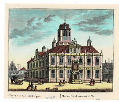 1736 HAND-COLORED COPPERPLATE ENGRAVING of the TOWN HALL in DELFT by RADEMAKER