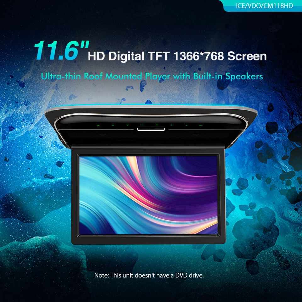 11.6" Screen Car TV Roof Flip Down Monitor Video Player HDMI USB +2X Headphones - Image 4 of 4