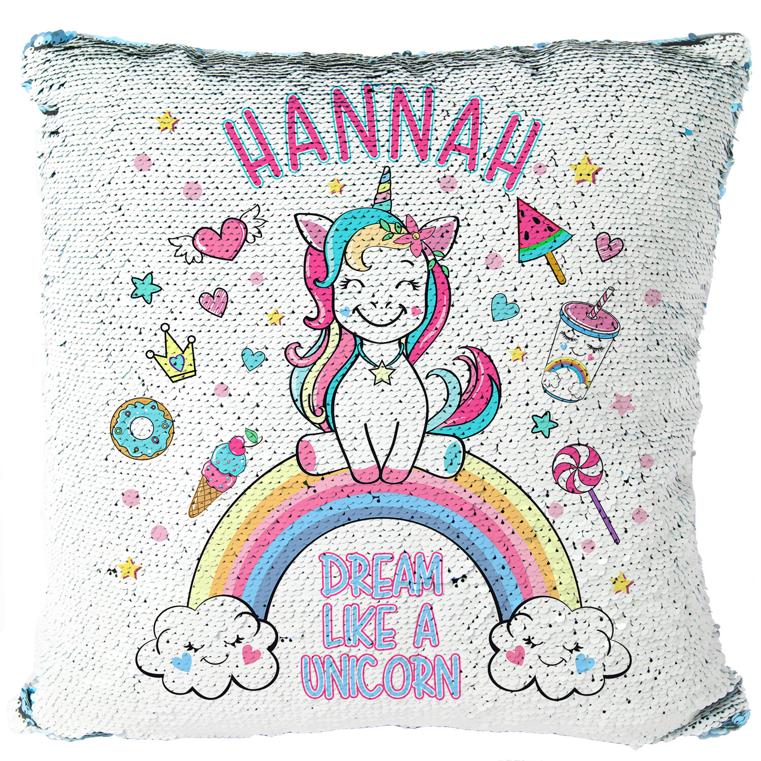 Personalised Unicorn Cushion Cover Magic Sequin Reveal Girls Birthday
