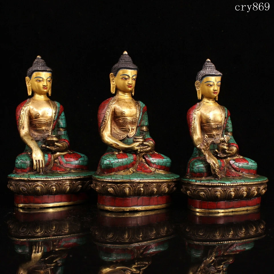 un conjunto colección Tíbet antiguo cobre puro con incrustaciones de gemas Tres santos Budas Foto 2 de 4