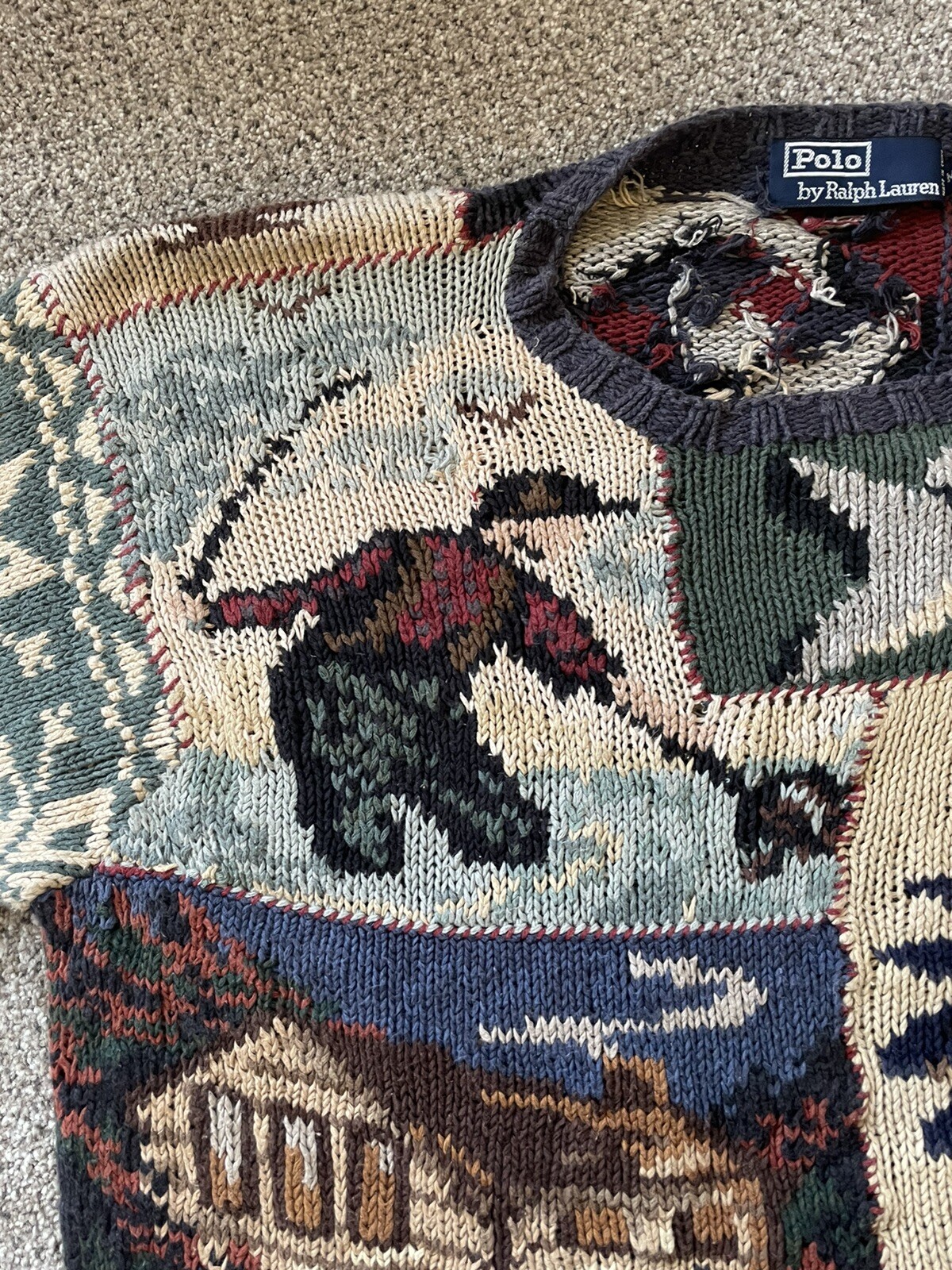 Rare Polo Ralph Lauren knitted patchwork RL95 jumper mens size medium. Hand knit image 4