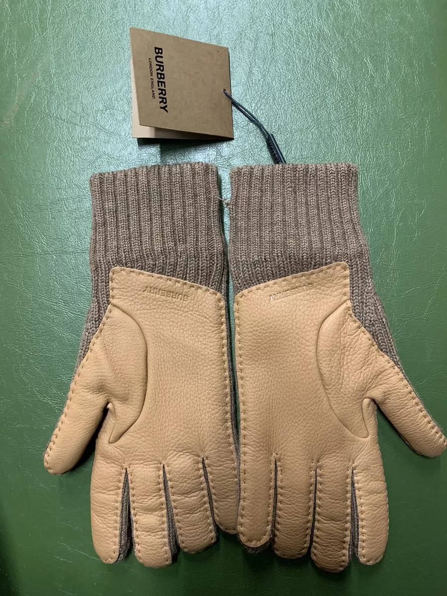 Burberry Merino Wool and Leather Winter Knit Gloves Brown Made In Italy Large