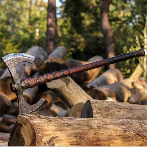 Custom Hand Forged Double Headed Viking Axe,Double Blade Axe with leather sheath - Picture 2 of 7