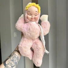 Vintage Rubber Face Pink Fuzzy Sleeping Baby Doll