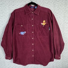 Vintage 90s Winnie the Pooh Embroidered Maroon Corduroy Button-up Shaket Small
