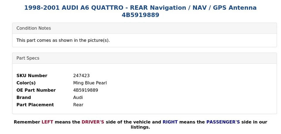 AUDI A6 QUATTRO 1998-2001 - Navegación trasera / Navegación / Antena GPS 4B59889 Foto 4 de 4