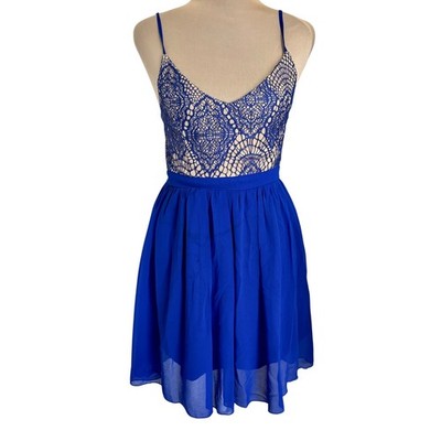 cobalt blue backless dress Poetry Spiderweb Lace Open Back Fairy Boho Coastal Romantic Sherri Hill 55682 | from shoulder to hem side split Size:M 10