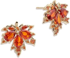 Maple Leaf Stud Earrings Orange Crystal CZ 14K Gold Plated Fall Autumn Jewelry