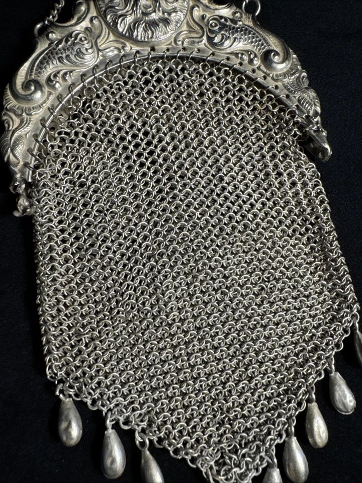 Antique Art Deco Sterling Silver Chainmail Mesh Bag Signed Figural & Fish Motif - Image 3 of 4